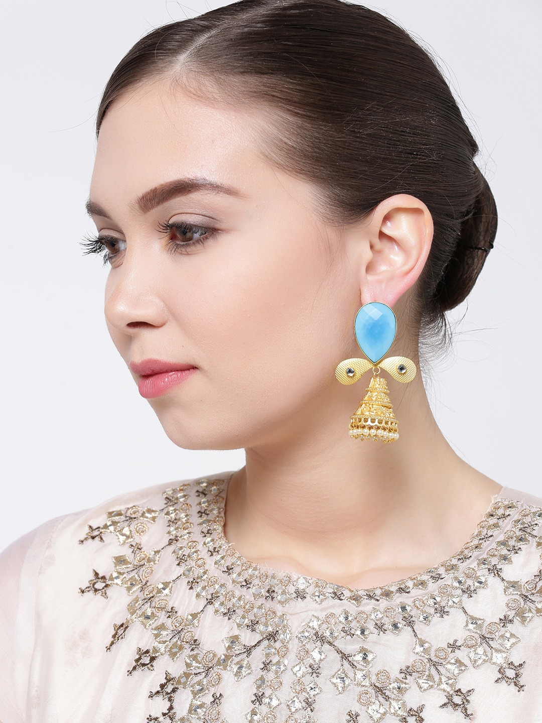 YouBella Blue Gold-Plated Teardrop Shaped Jhumkas